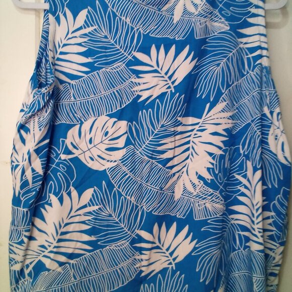 Makai Beach Hawaii Shirt Blouse Women L Sleeveless Tropical Leaves Blue White - Picture 14 of 16